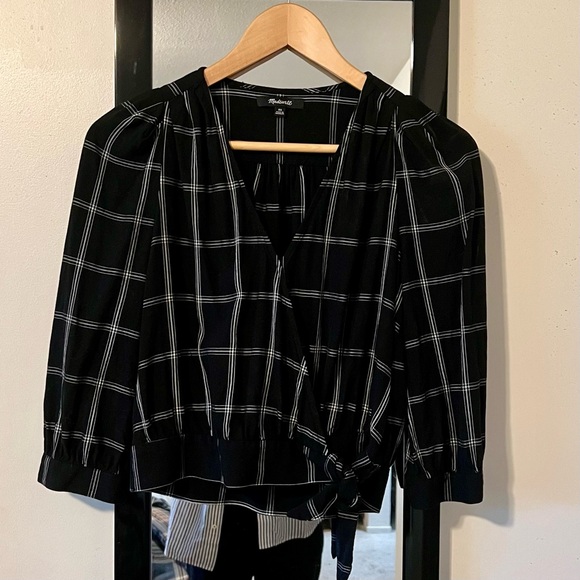 Madewell Black Windowpane Long Sleeve Wrap Blouse Size XS Excellent Condition - Picture 4 of 7